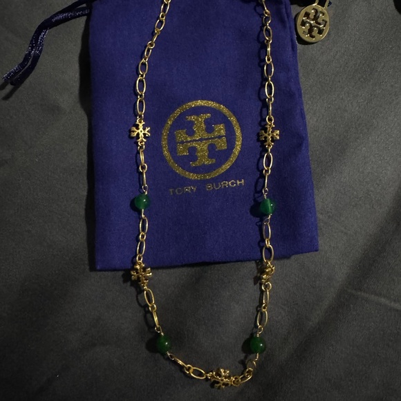 Tory Burch Elegant Gold and Green Gemstone Necklace - Picture 14 of 15